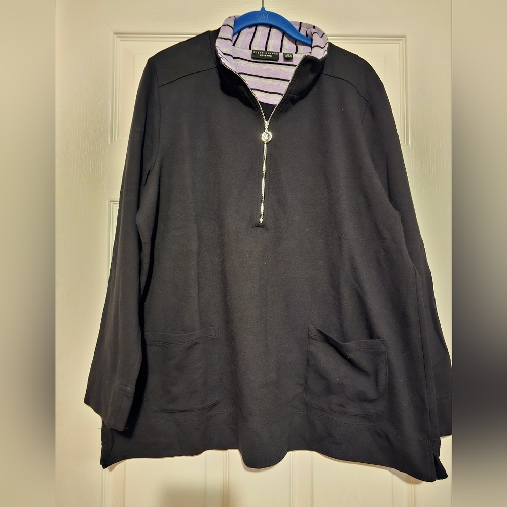 Black & Lavender Susan Graver Weekend Zip Up Pullover sz XL